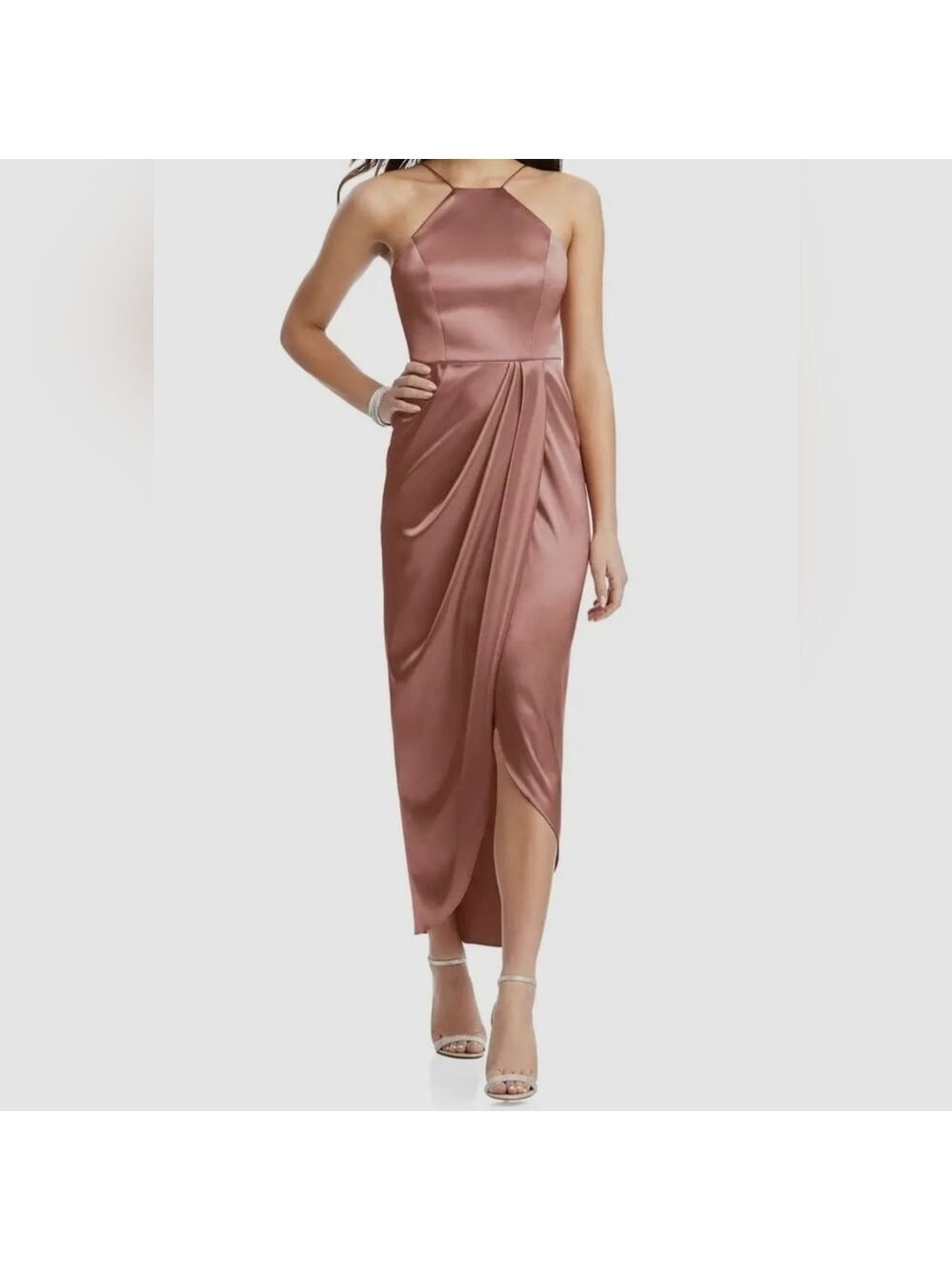 AFTER Six NWT Women's Pink Halter Neck Stretch Satin Gown Dress Size 6